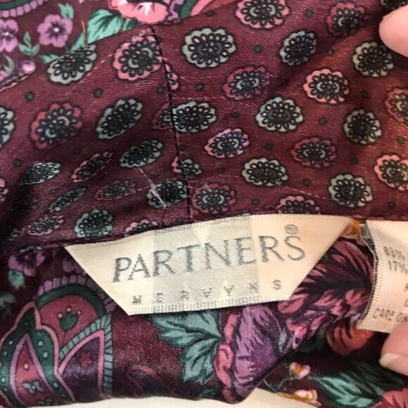 Partners Mervyns Vintage 80s Burgundy Green Silky Satin Paisley Night Shirt sz L - Picture 9 of 11